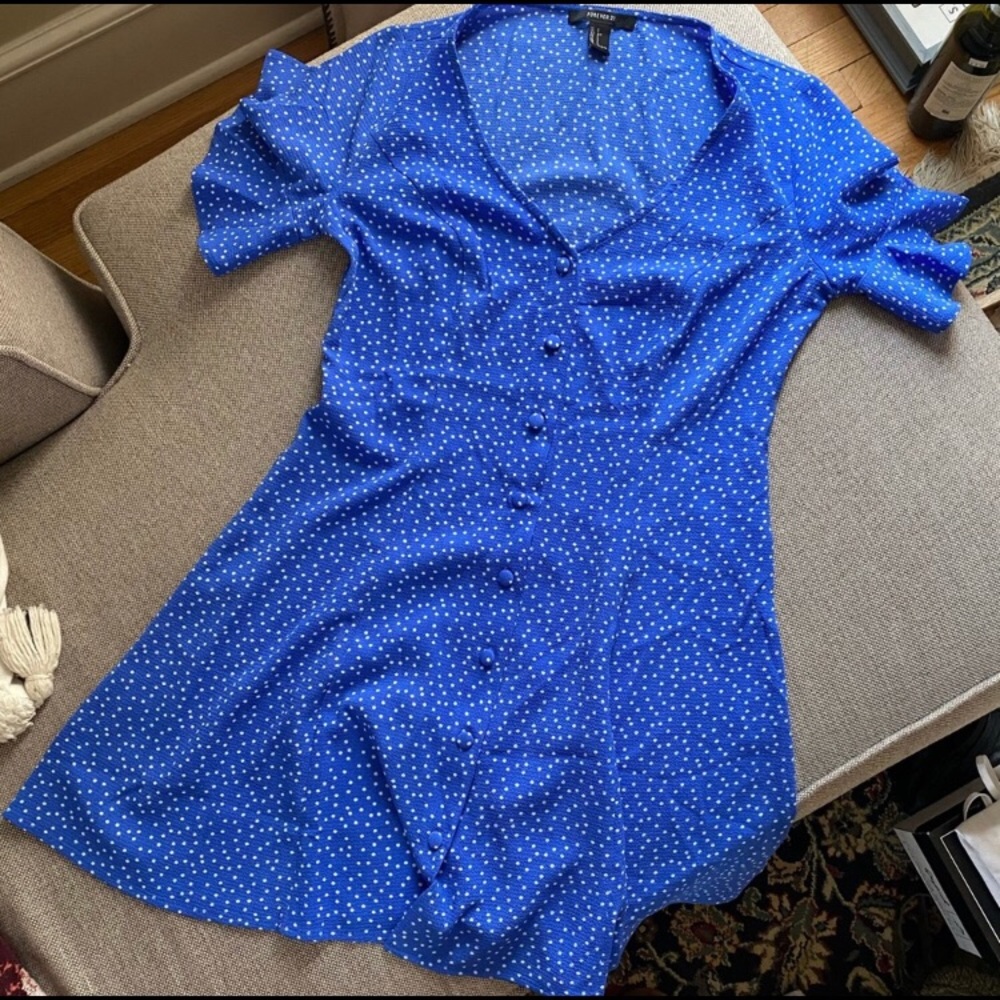 Blue & white button down polka dot swing dress